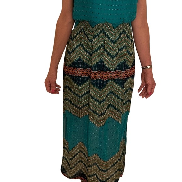 Boho Maxi Dress Teal Green Brown Sleeveless‎ Summer Casual - Picture 2 of 8